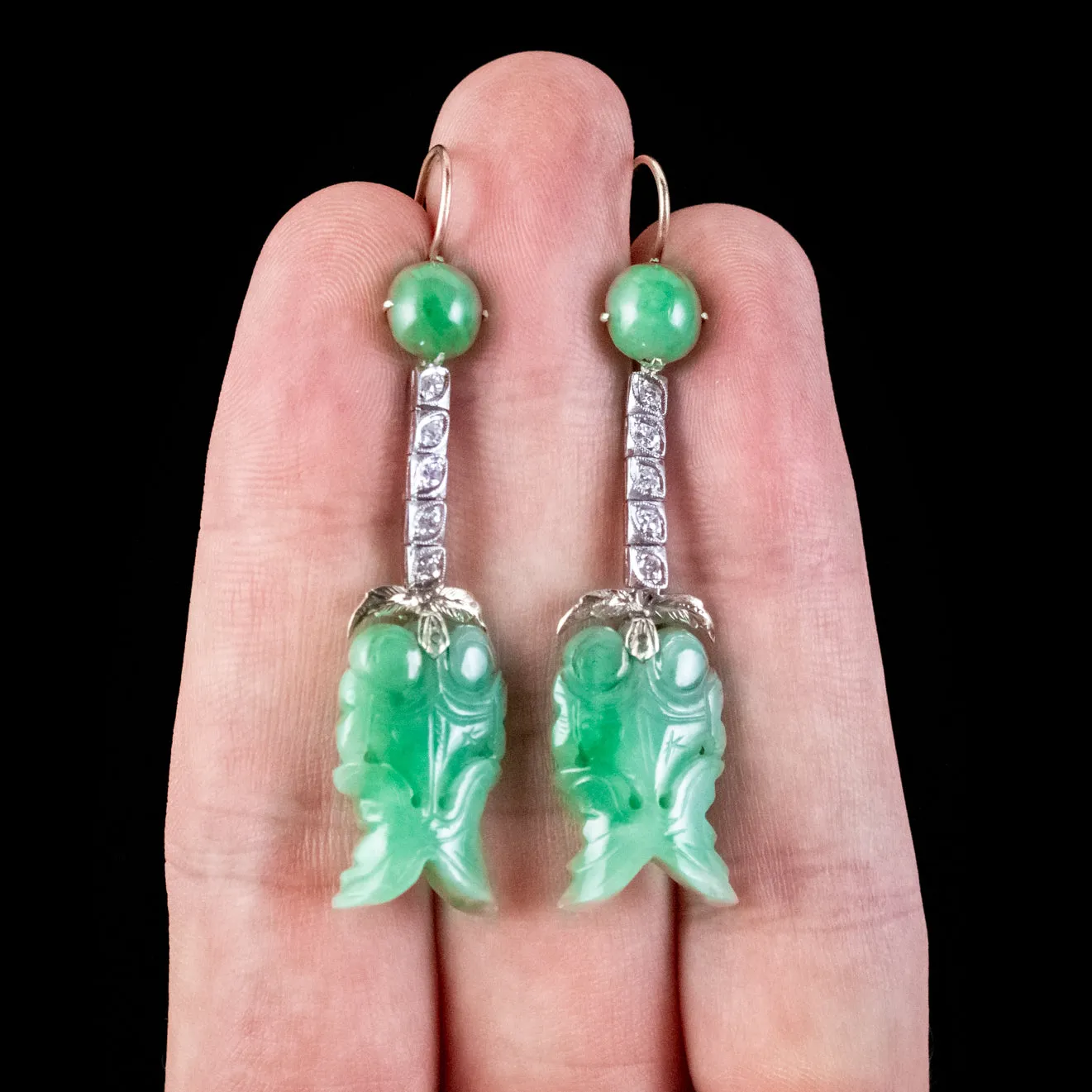 Antique Edwardian Jade Diamond Drop Earrings Platinum 18ct Gold Circa 1910