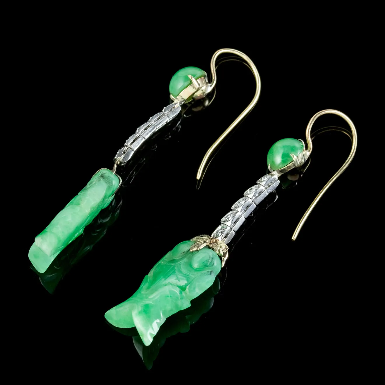 Antique Edwardian Jade Diamond Drop Earrings Platinum 18ct Gold Circa 1910