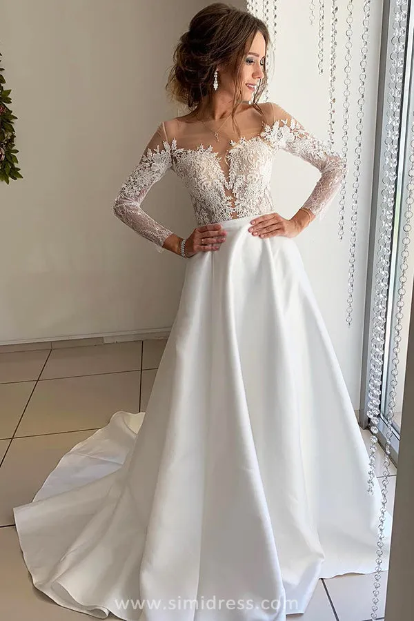 Beautiful Satin Long Sleeves Ball Gown Open Back Wedding Dresses with Appliques, SW314