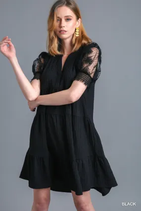 Black Crinkle Tiered Dress w/ Mesh Sleeves