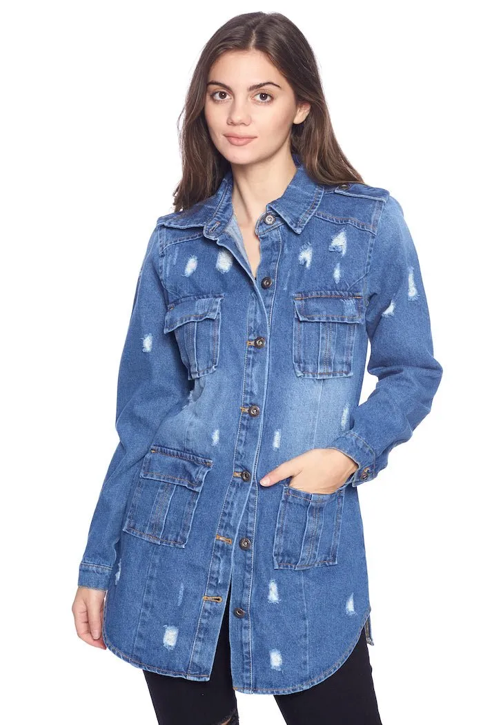 [Blue Age] Womens Destroyed Denim Jacket with Four Pockets