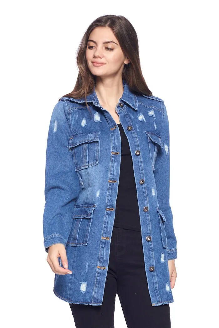 [Blue Age] Womens Destroyed Denim Jacket with Four Pockets