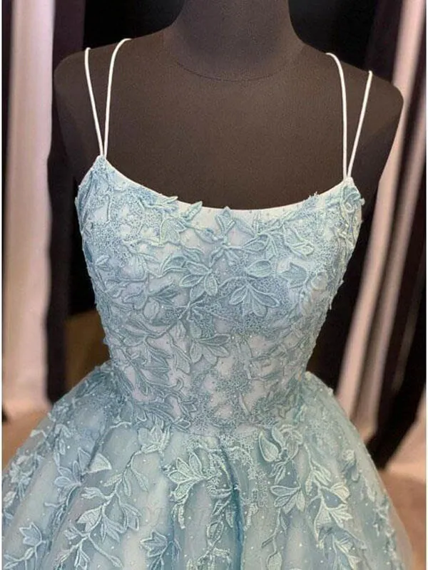 Blue Tulle Lace Scoop Spaghetti Straps Prom Dresses, Long Formal Dress, SP734