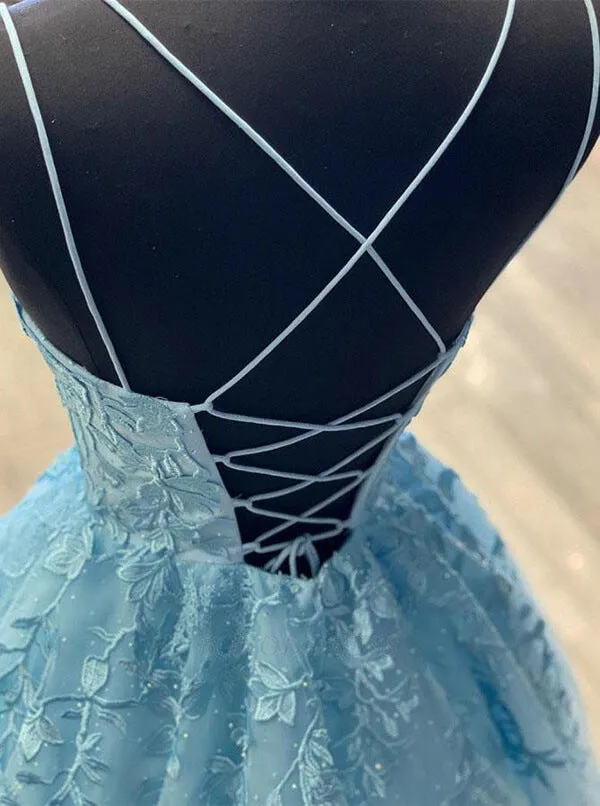 Blue Tulle Lace Scoop Spaghetti Straps Prom Dresses, Long Formal Dress, SP734