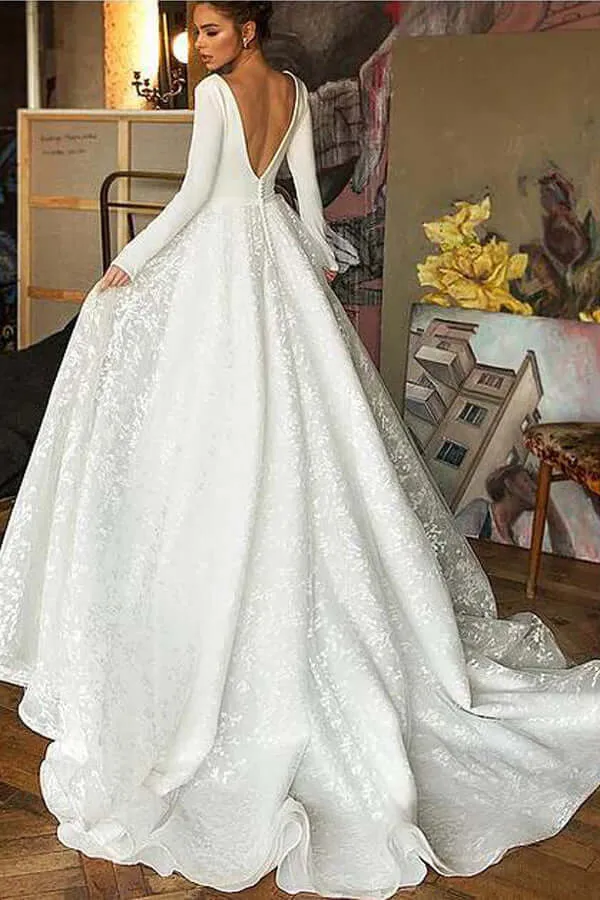 Boho A-line V-neck Lace Long Sleeves Wedding Dresses With Sweep Train, SW488