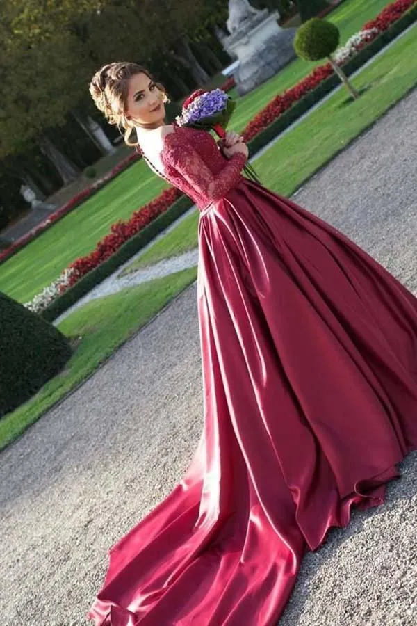 Burgundy Satin Off-The-Shouler Long Sleeves Prom Dress With Train, SP642