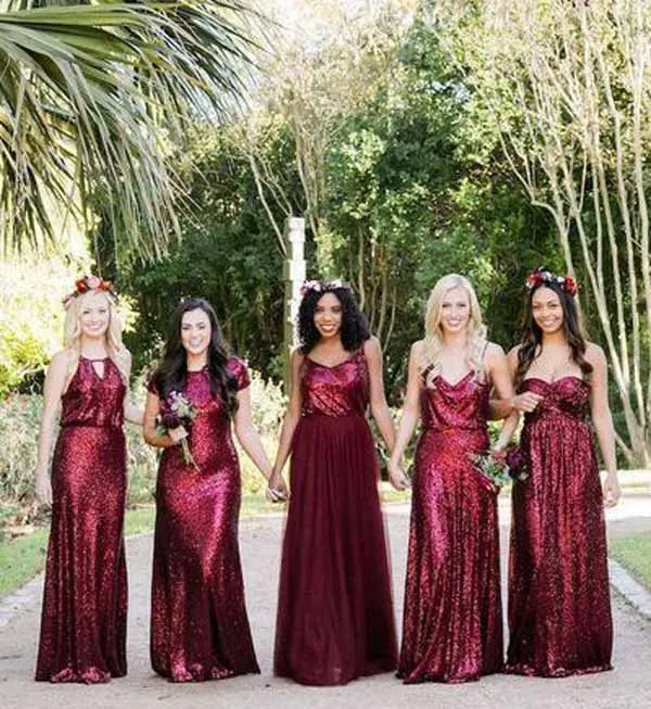 Burgundy Sequins Lace Modest Mismatched Long Bridesmaid Dresses online, BD88