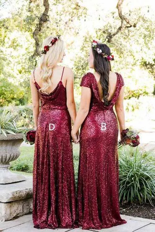 Burgundy Sequins Lace Modest Mismatched Long Bridesmaid Dresses online, BD88