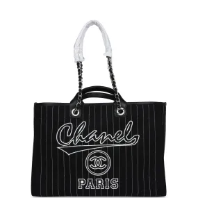 Chanel Large Deauville Shopping Tote Black and White Striped Canvas Silver Hardware