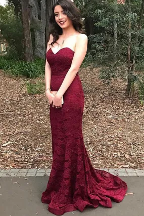 Chic Burgundy Sweetheart Mermaid Long Lace Prom Dress,Party Dress,SVD324