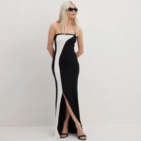 Chic Cami One Shoulder Contrast Black and White Split Knit Maxi Dress