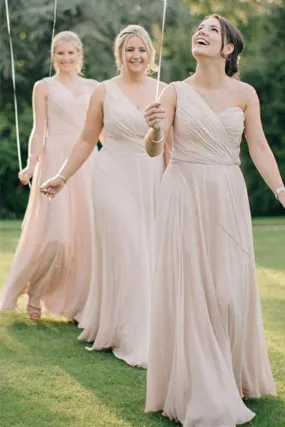 Chiffon A-line One Shoulder Sleeveless Long Bridesmaid Dresses, BD117