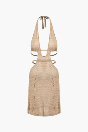 Crochet Hollow Out Backless Halter V-neck Knit Dress