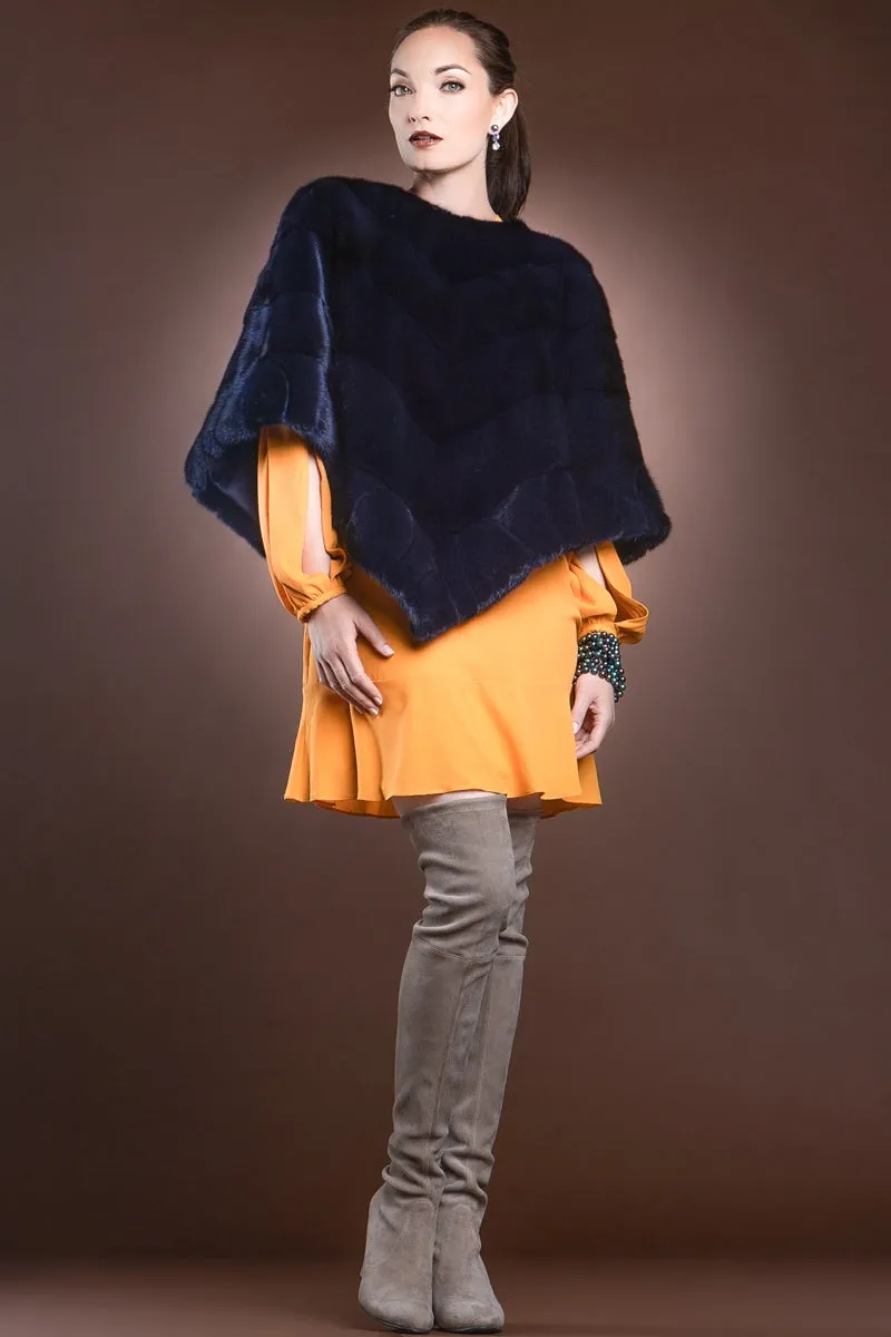 Diagonal Mink Fur Poncho-Brick Border Pattern