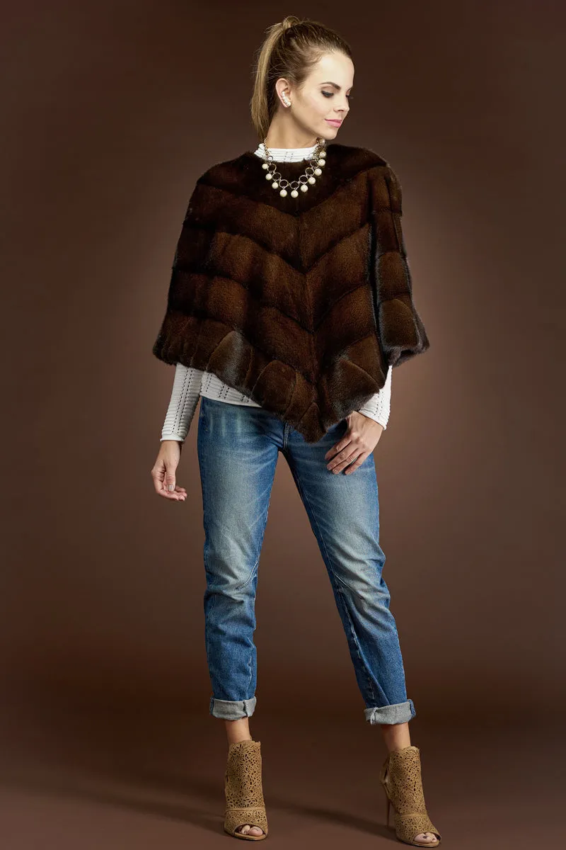 Diagonal Mink Fur Poncho-Brick Border Pattern