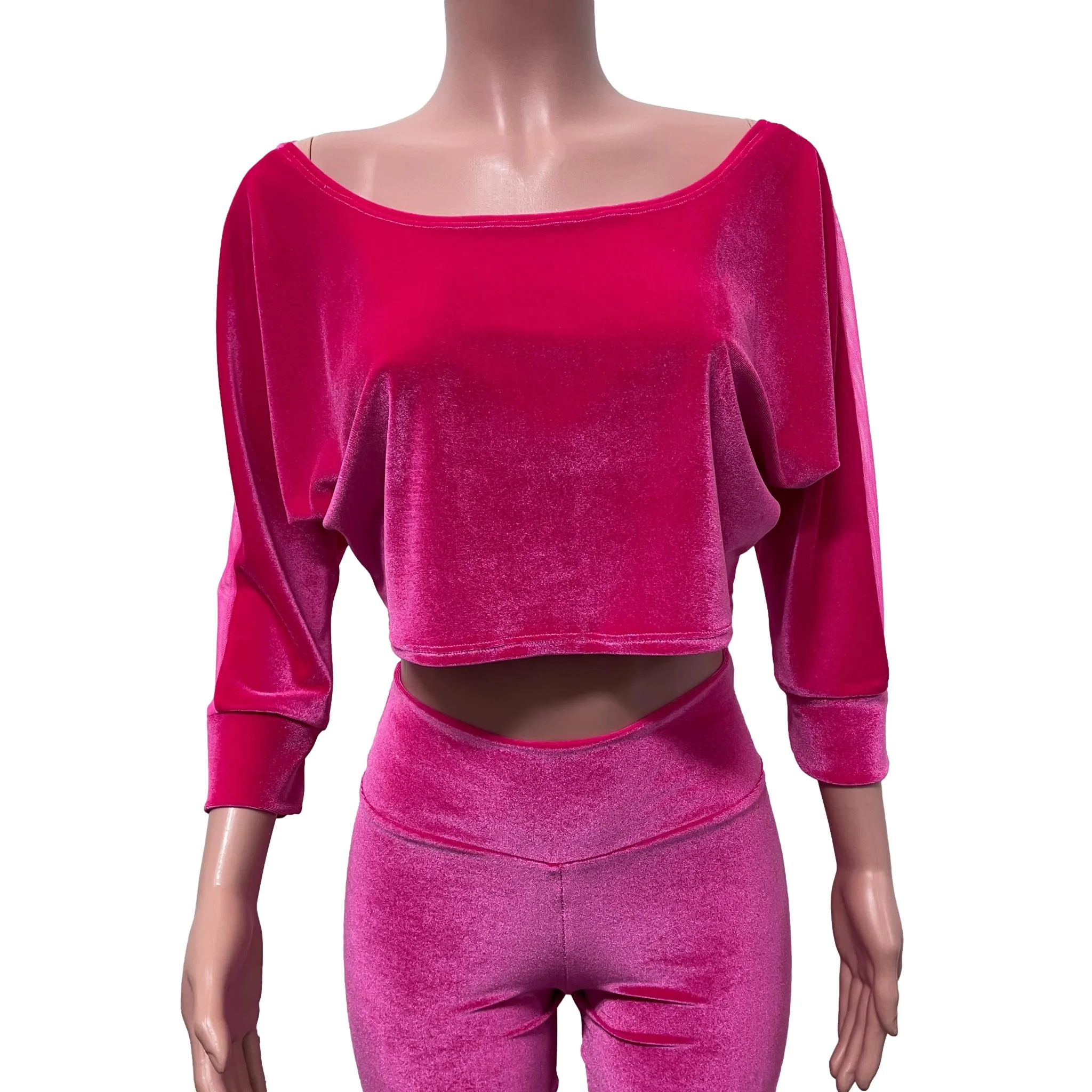 Dolman Crop Top in Hot Pink Velvet and Pink Mesh