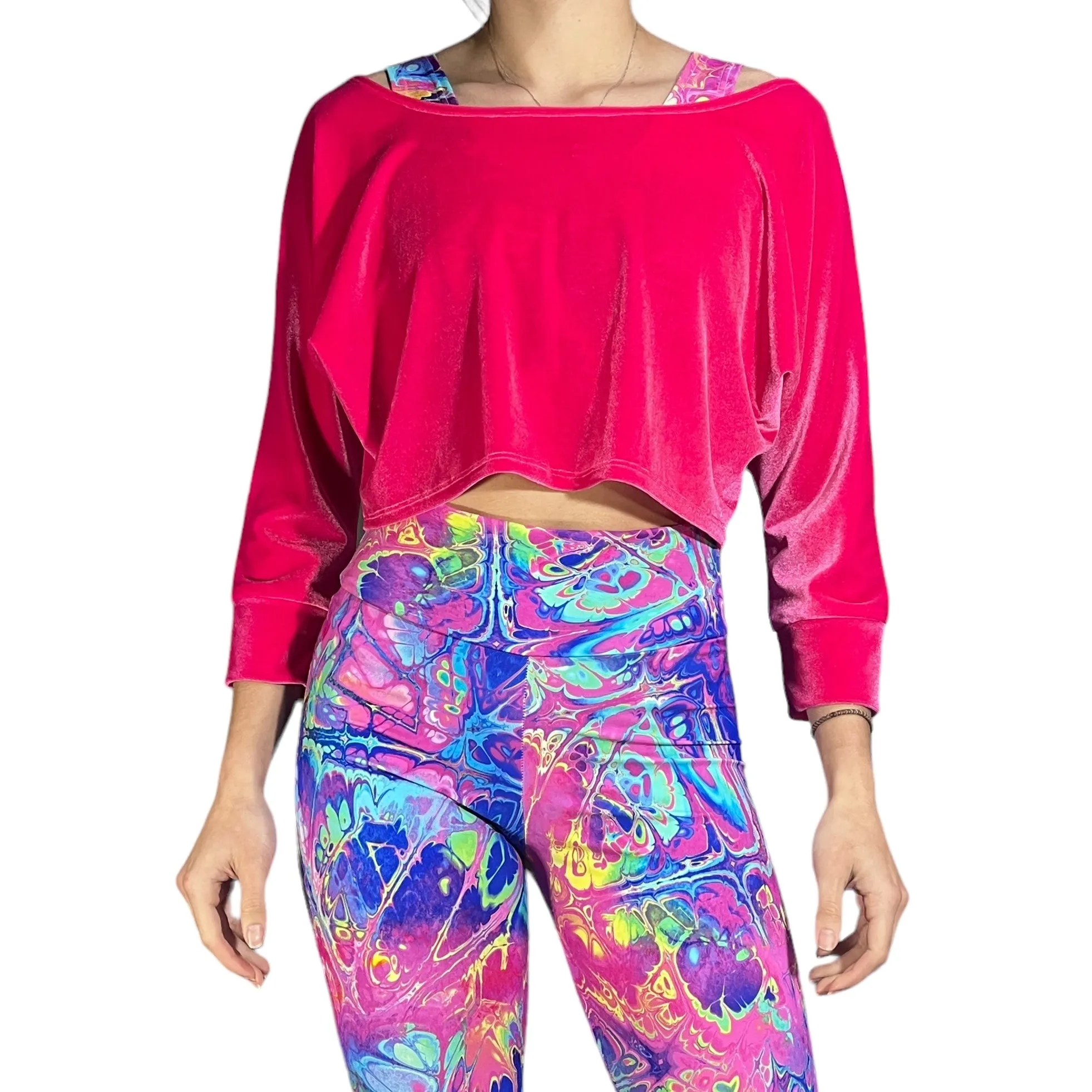 Dolman Crop Top in Hot Pink Velvet and Pink Mesh