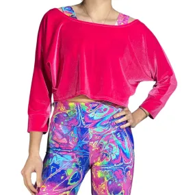 Dolman Crop Top in Hot Pink Velvet and Pink Mesh