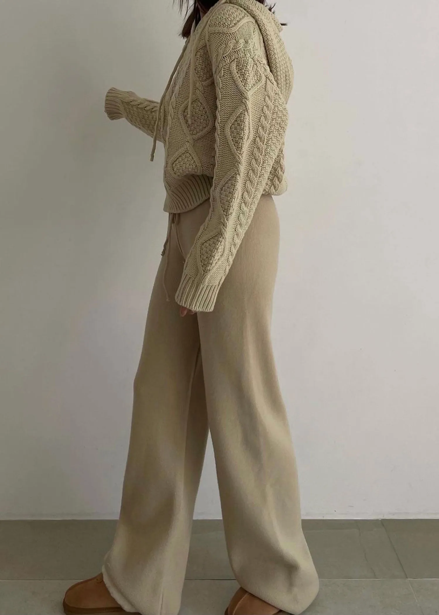 Drawstring Waist Wool Pants in Beige