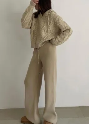 Drawstring Waist Wool Pants in Beige