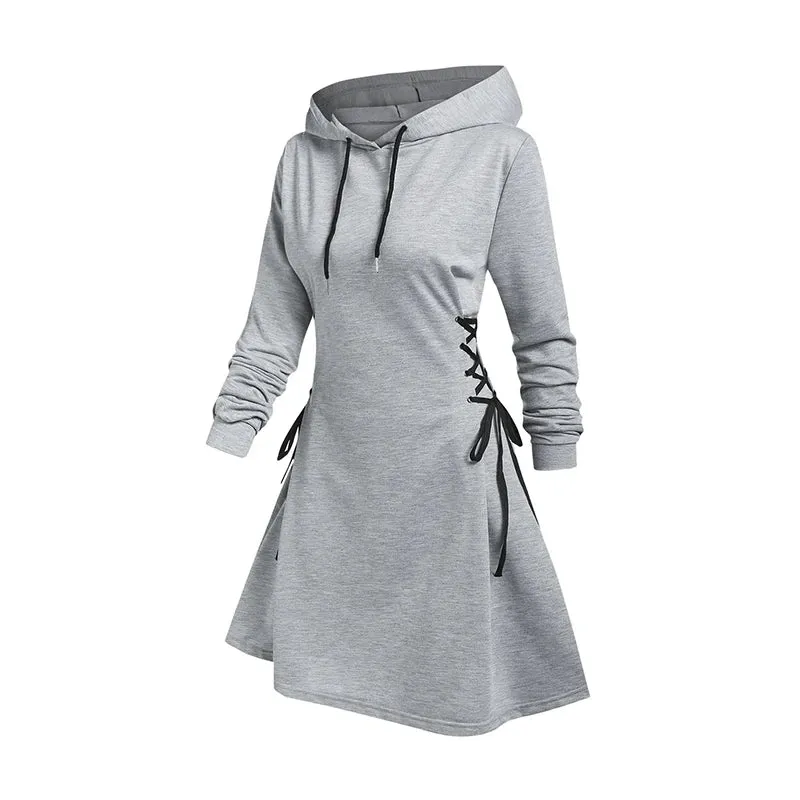 Dressfo 2024 Womens Hoodie Sweatshirts Dresses Plain Lace Up Drawstring Hooded Dress платье толстовка