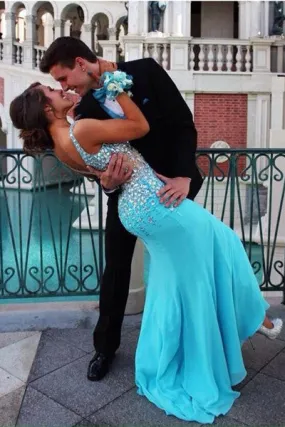 Fabulous V-Neck Mermaid Prom Dress, Court Train Chiffon Prom Dress With Beading, S3