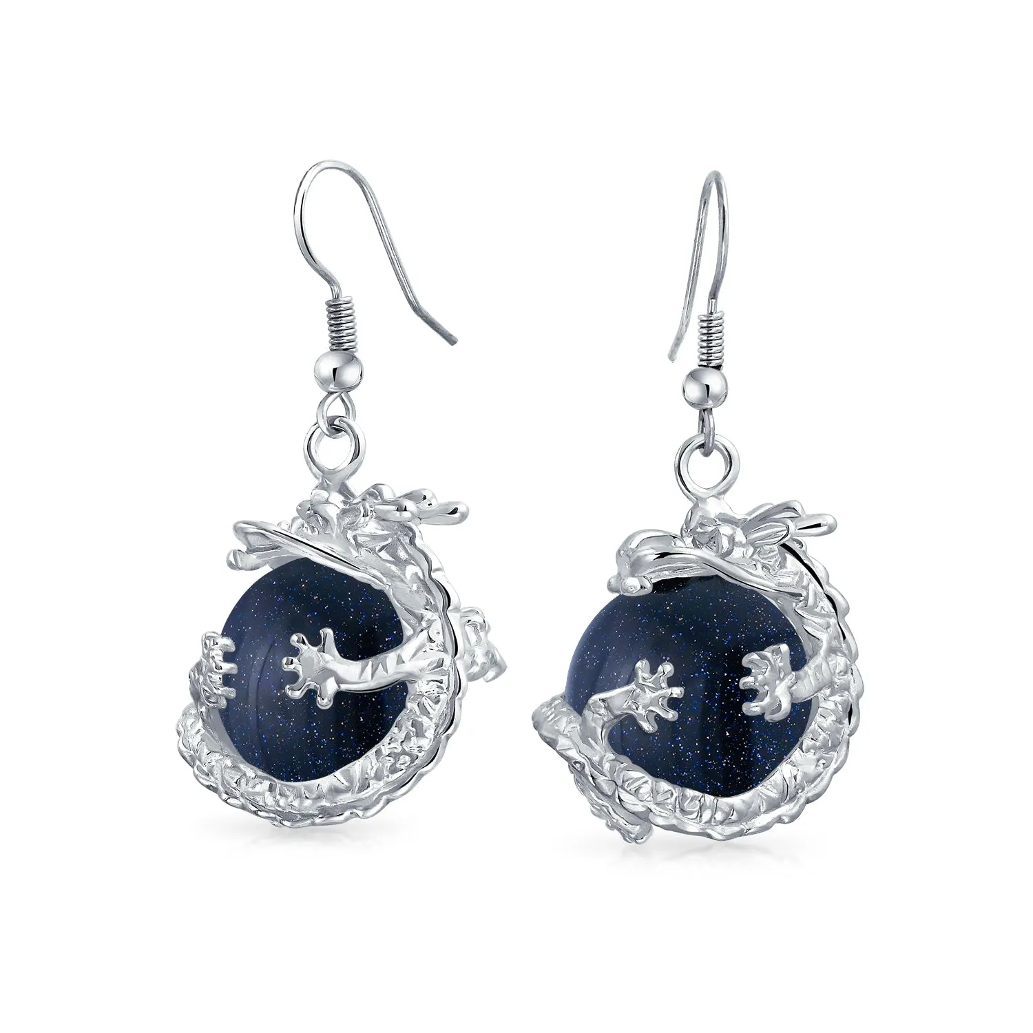 Gemstone Large Statement Round Ball Orb Dragon Dangle Earrings Silver Plated