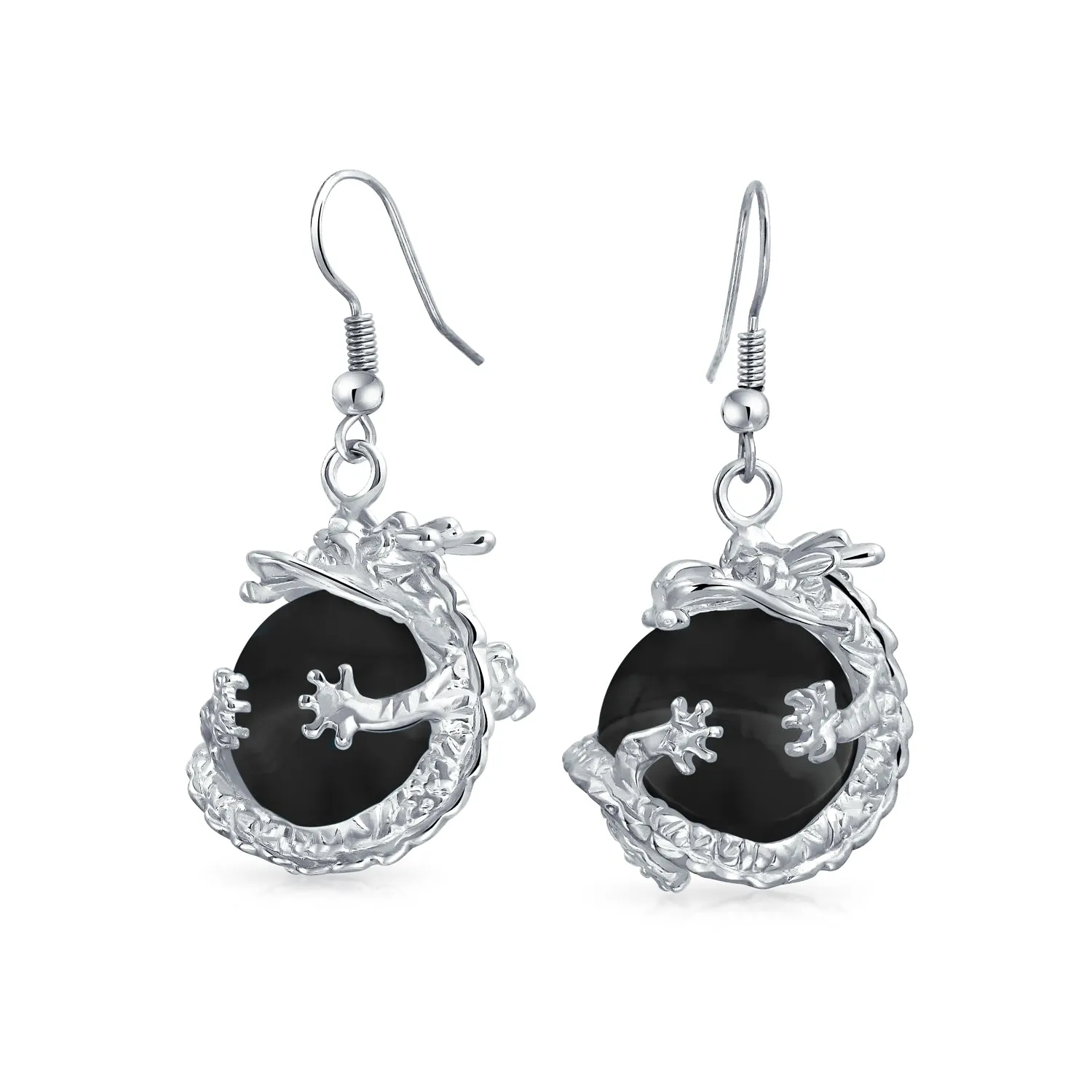 Gemstone Large Statement Round Ball Orb Dragon Dangle Earrings Silver Plated