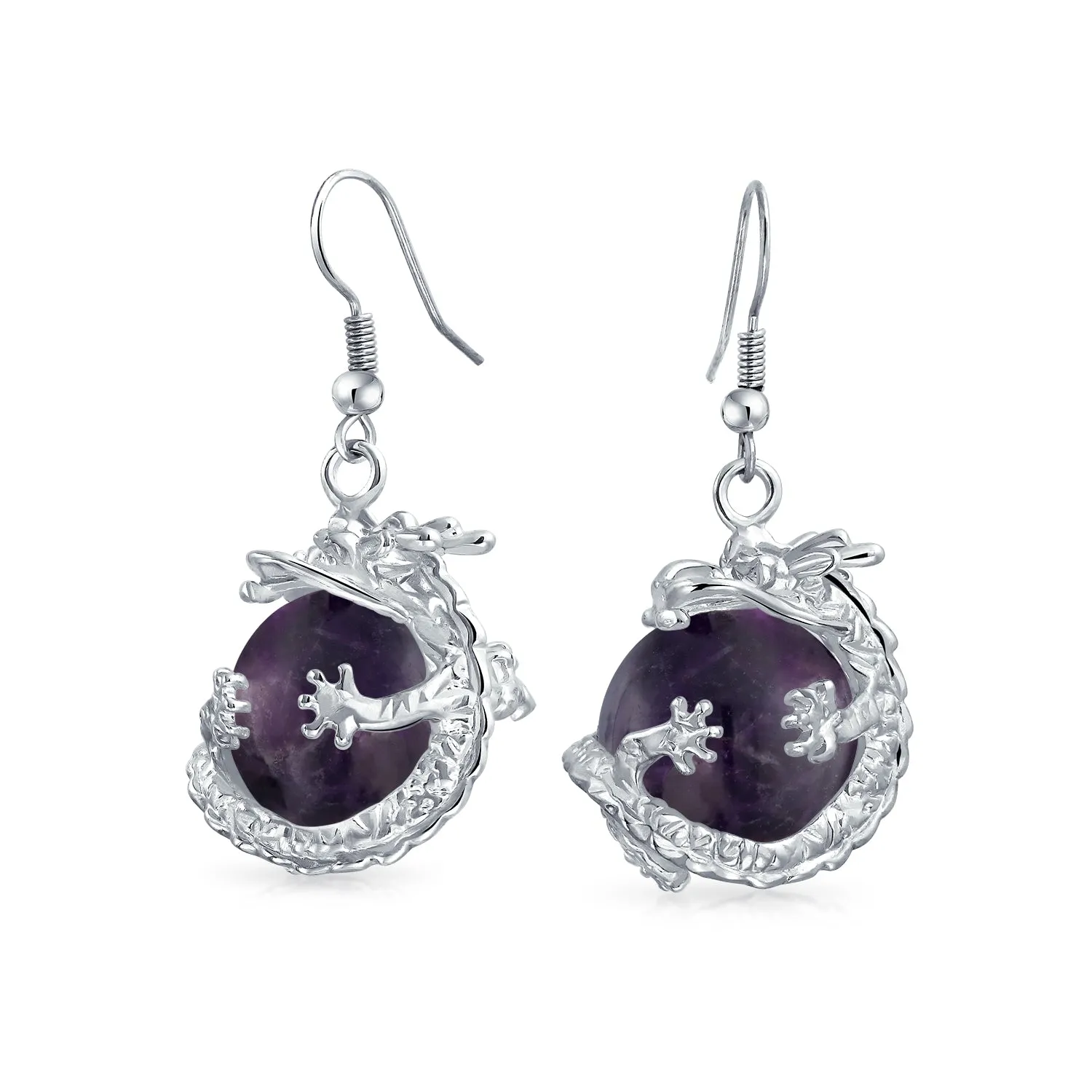 Gemstone Large Statement Round Ball Orb Dragon Dangle Earrings Silver Plated