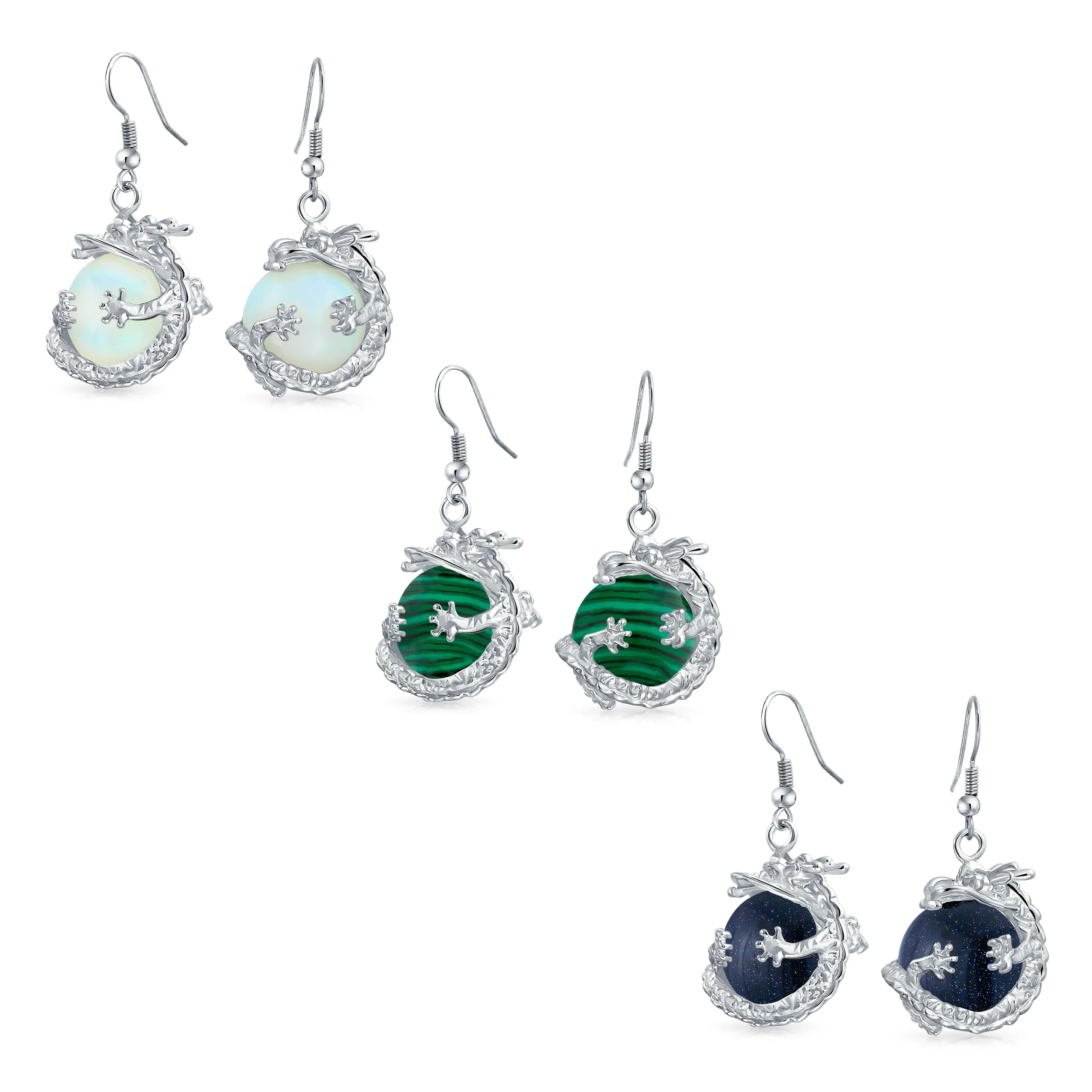 Gemstone Large Statement Round Ball Orb Dragon Dangle Earrings Silver Plated