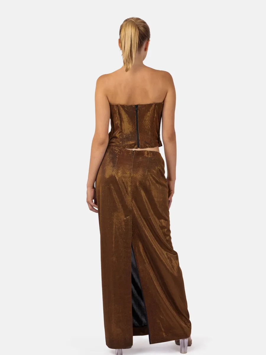 LAMÉ MAXI SKIRT "HEDA" IN ORANGE BROWN