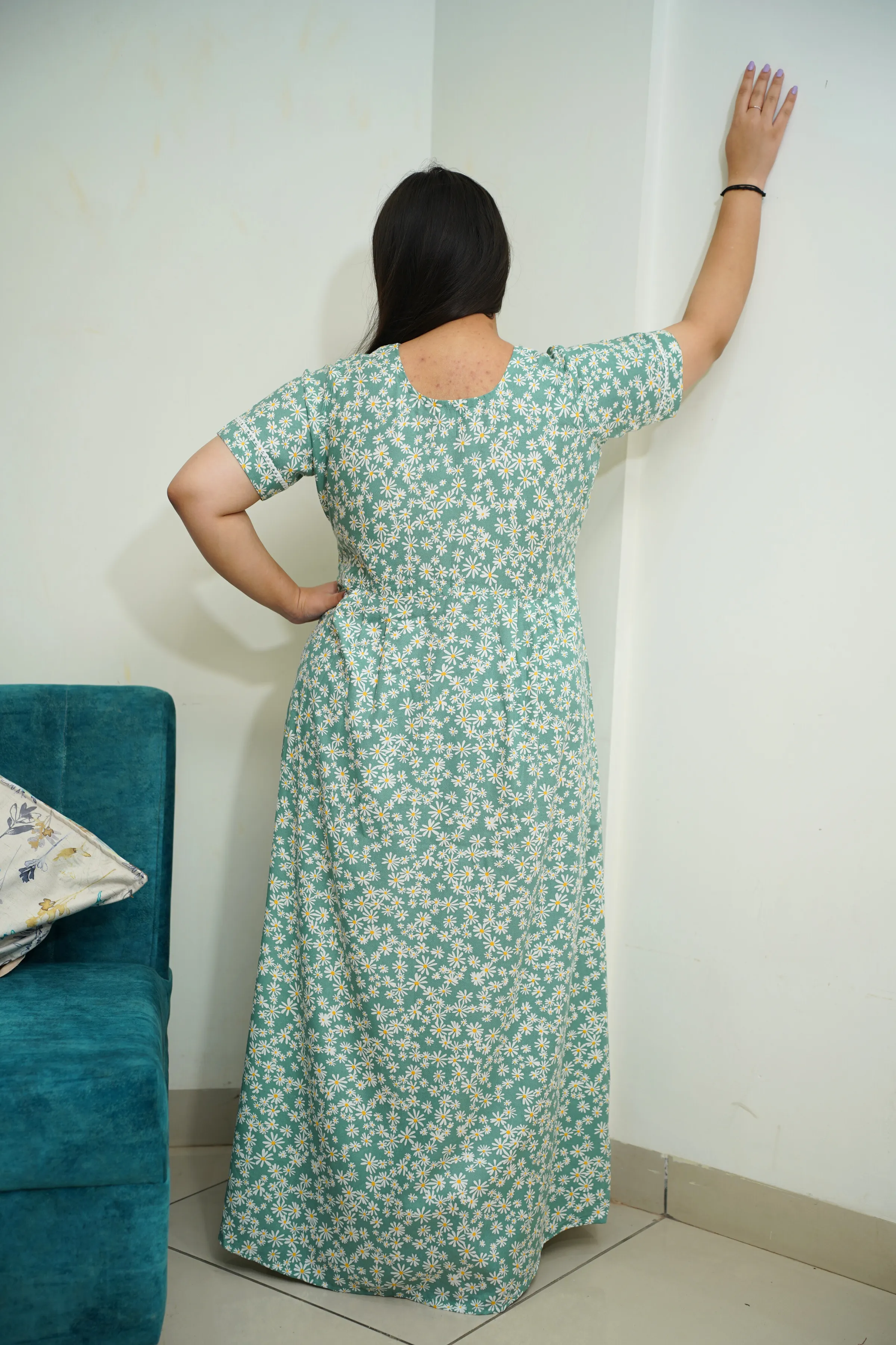 Mint Green Floral Rayon Nighty