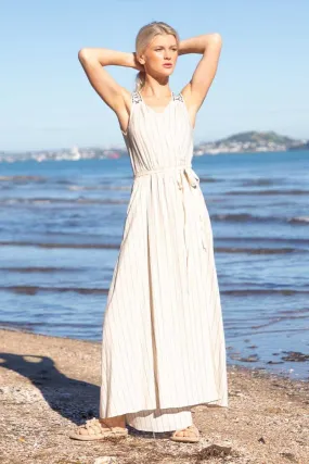 Muriwai Wrap Dress - Beige Pinstripe