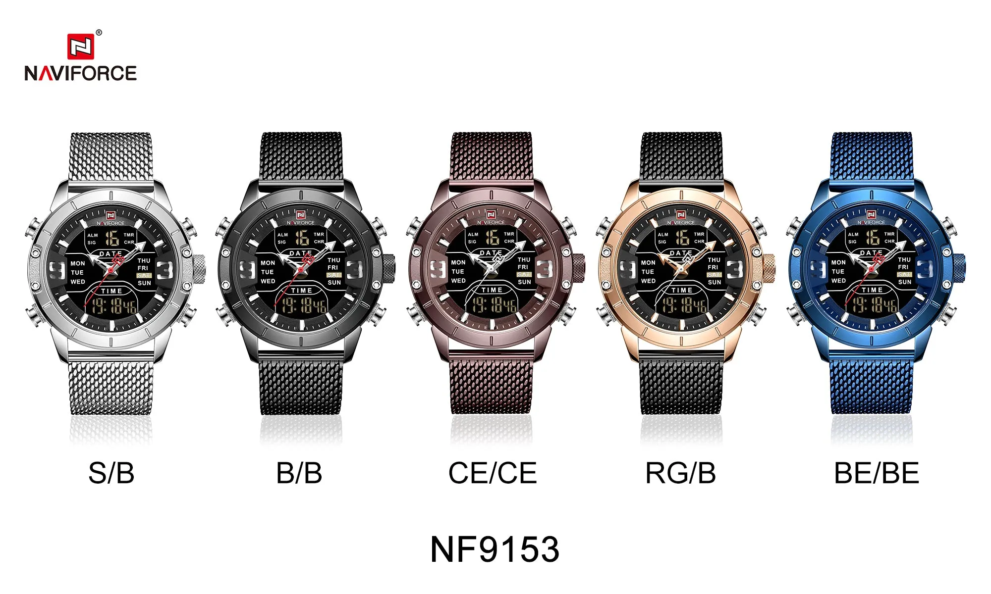 NAVIFORCE Watches for Men Dual Display Digital Fashion Stainless Steel Sport Waterproof Wristwatch NF9153S