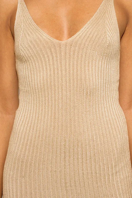 NUDE RIBBED KNIT THIN STRAP V NECK SWEATER MINI DRESS