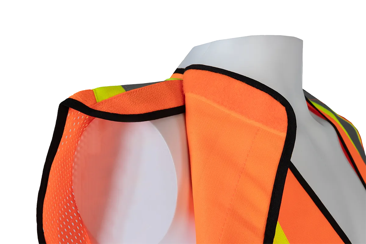 OV2-PSVCSA ANSI & CSA Public Safety Vest, Orange Solid Front Mesh Back, Reflective “X” On Back