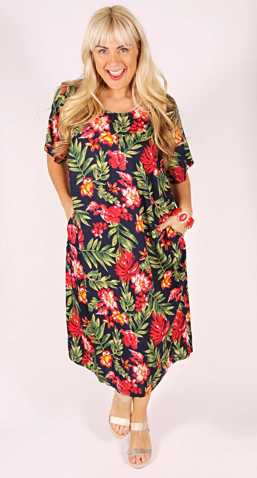 Rosie Round Neck Dress Red and Green Blooms on Navy