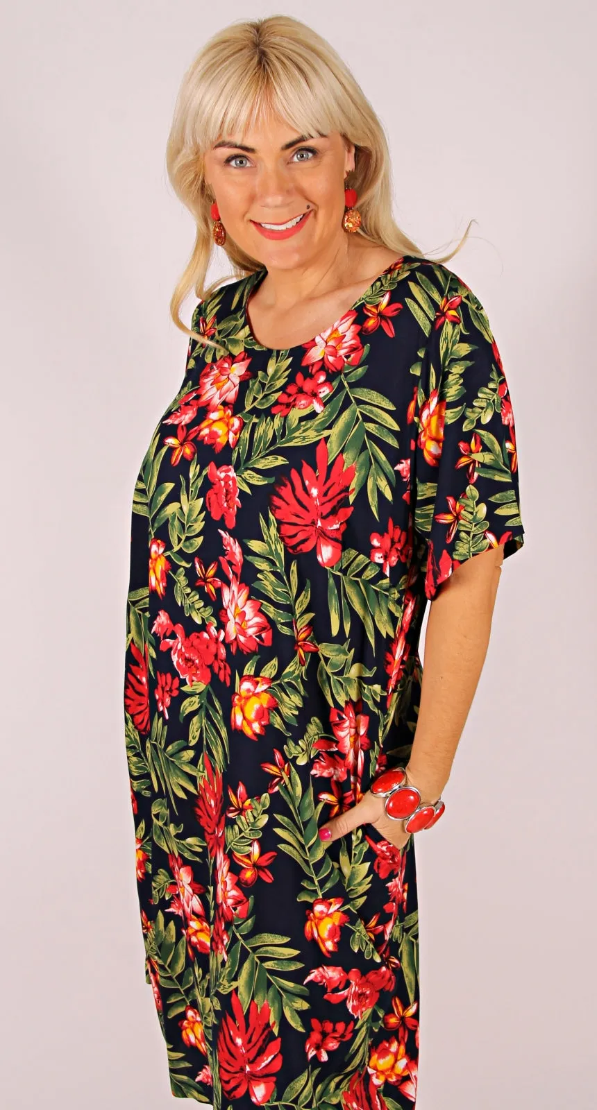 Rosie Round Neck Dress Red and Green Blooms on Navy