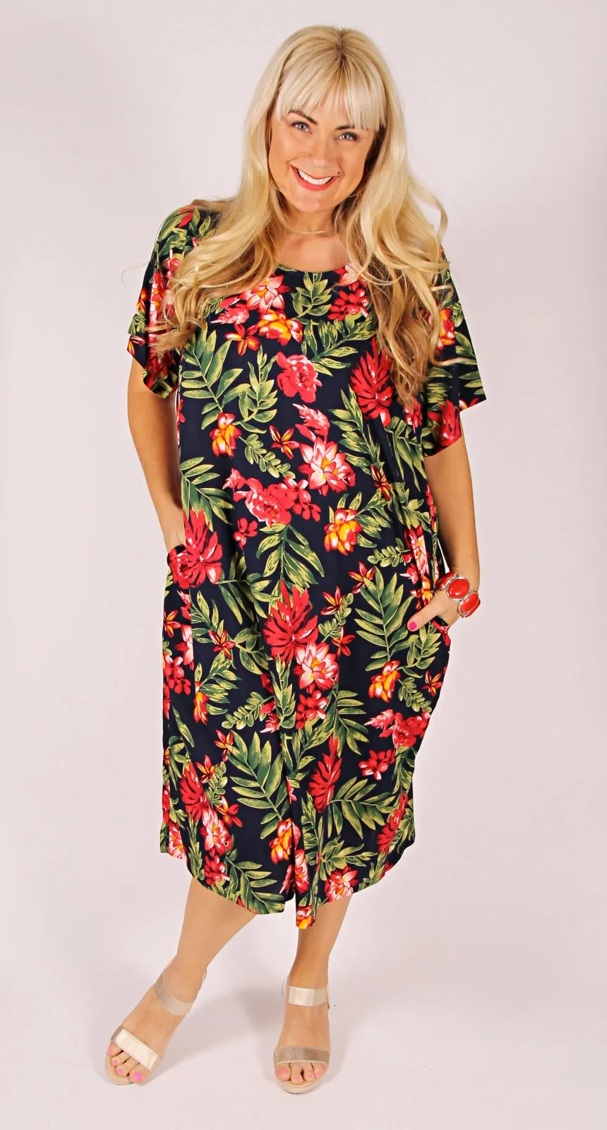 Rosie Round Neck Dress Red and Green Blooms on Navy