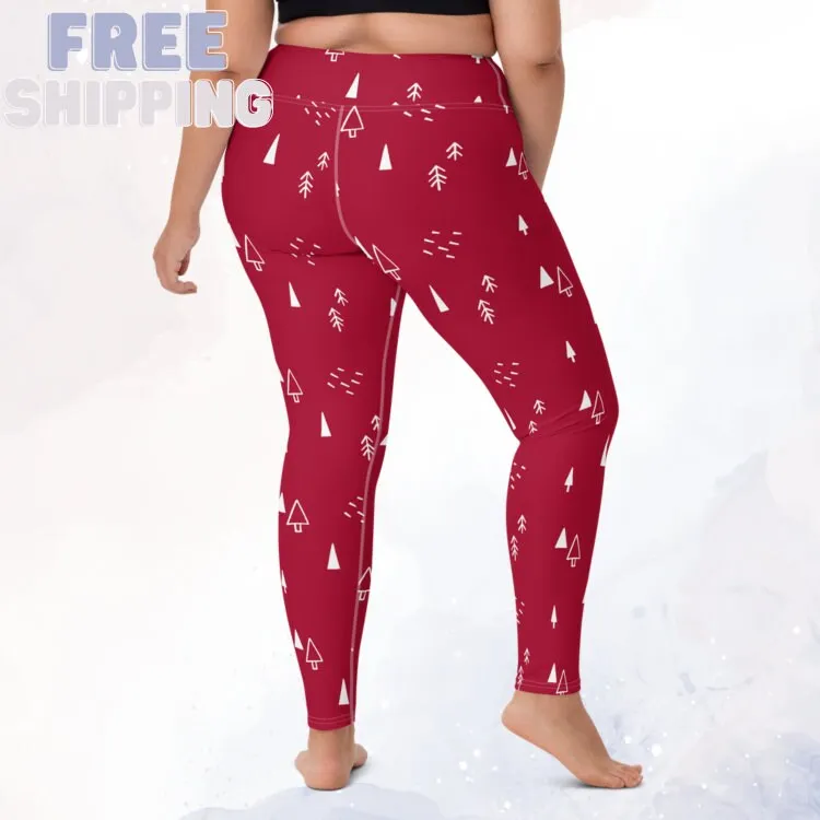 Scandinavian Forest Red High Waist Leggings for Christmas