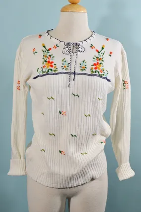 SOLD Vintage 70s White Embroidered Sweater, 60s Ribbed Hippie Top M