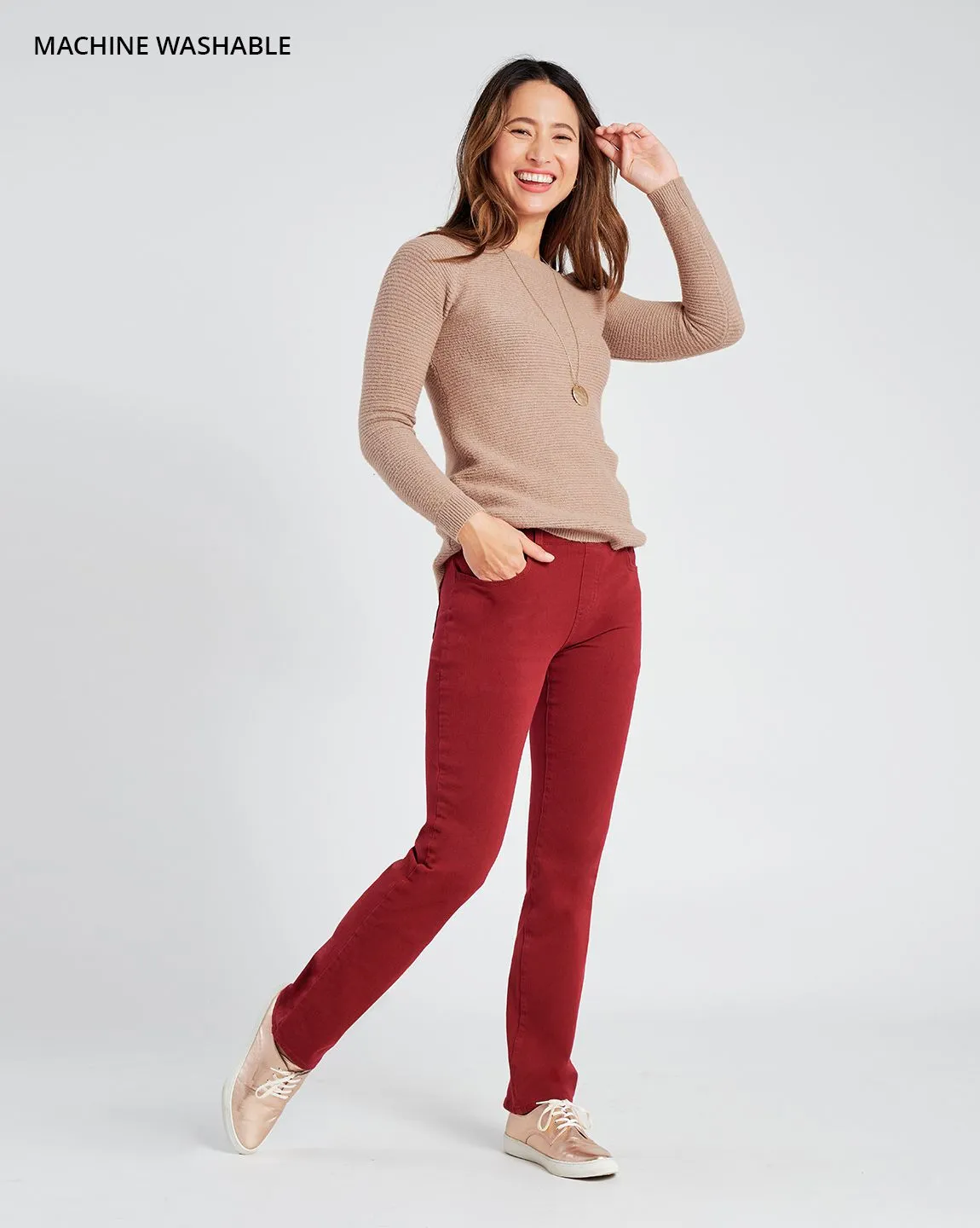 Straight-Leg | 4-Pocket Betabrand Yoga Denim (Oxblood)