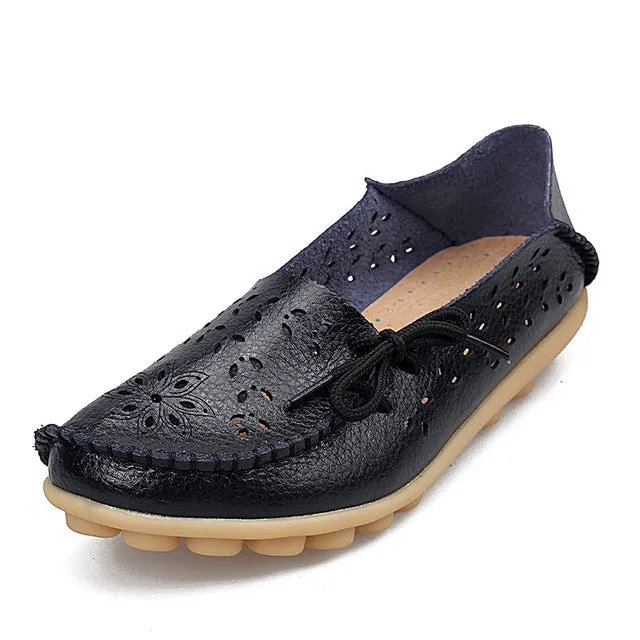 Women's Casual Genuine Leather Shoes Woman Loafers Slip-On Female Flats Moccasins Ladies Driving Shoe Cut-Outs Mother Footwear