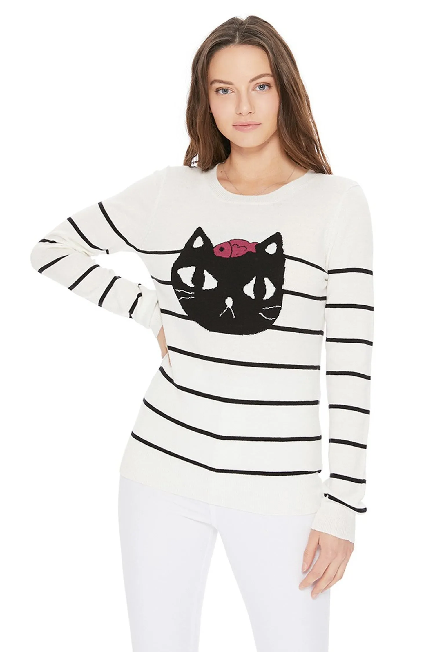 YEMAK Women's Striped Pattern Black Cat Crewneck Casual Jacquard Sweater MK8097